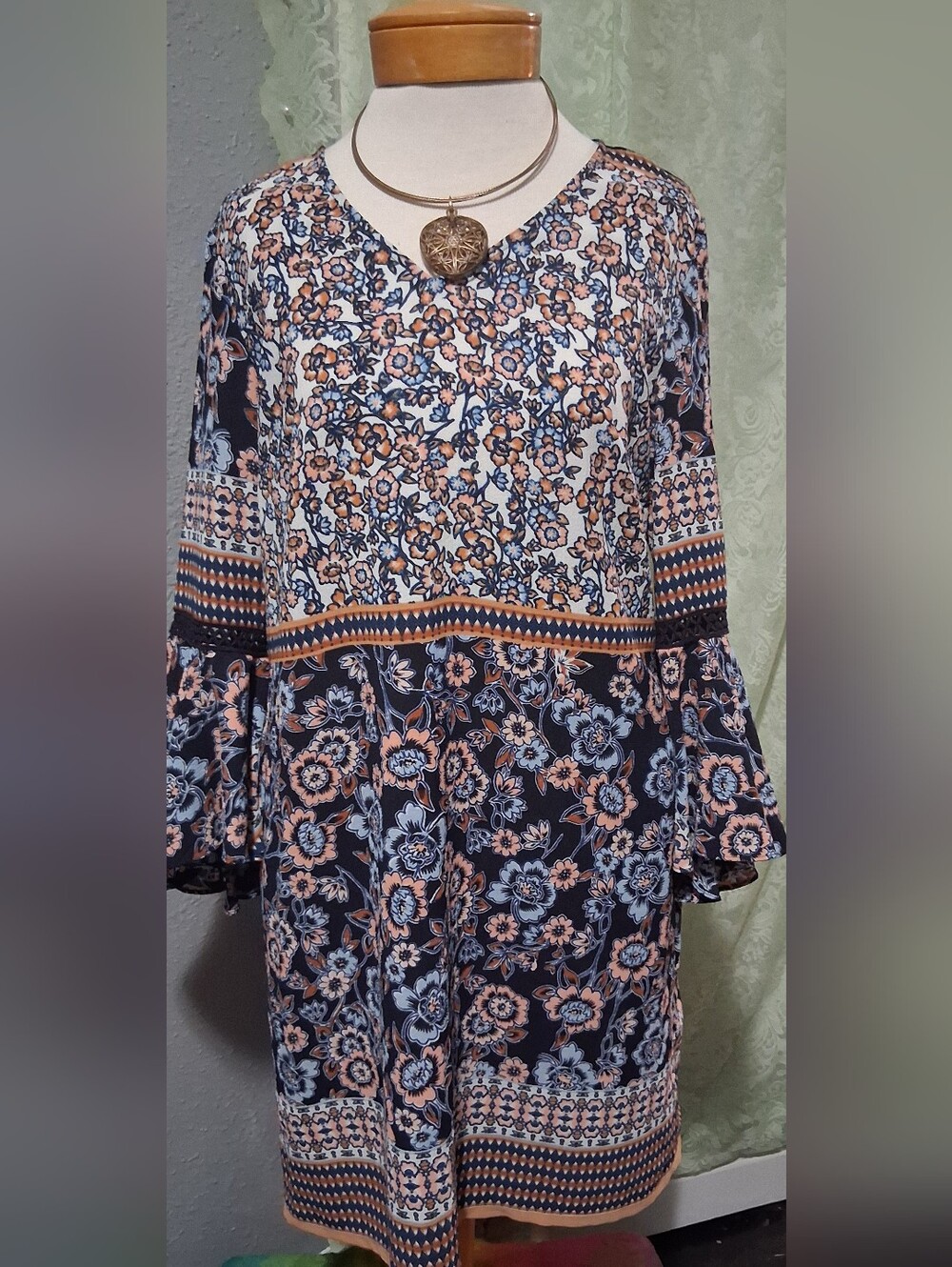 Bell Sleeve Floral Mini Dress in Navy and Peach